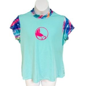 Reel Legends Turquoise & Rainbow Mock Neck Short Sleeve Rashguard Girls Size 16